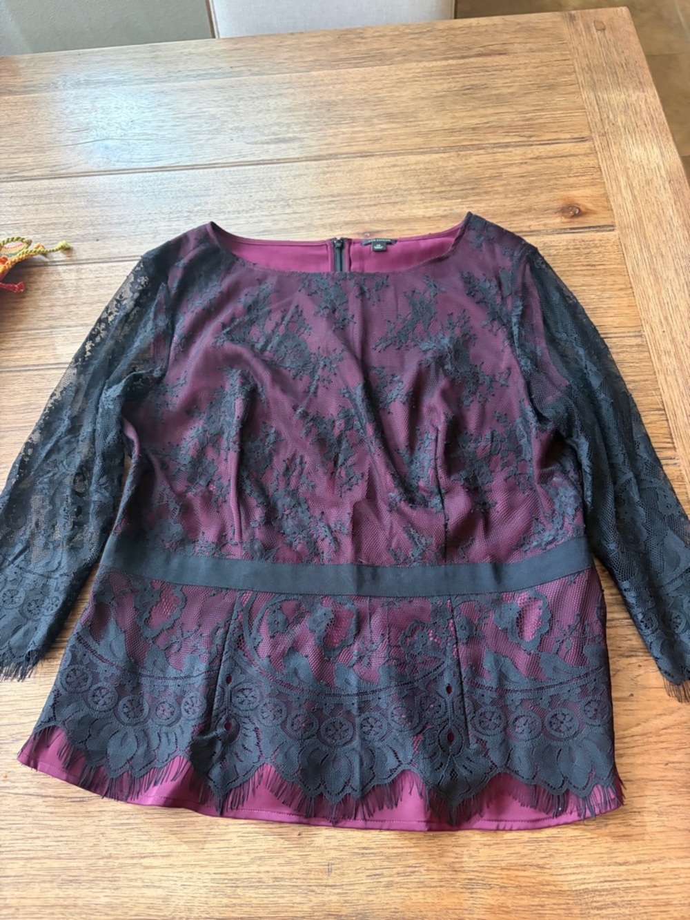 Ann Taylor Black Lace Overlay Peplum Top in Burgundy Plum